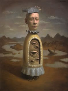 a painting of a man's head in the shape of a bottle with eyes on it