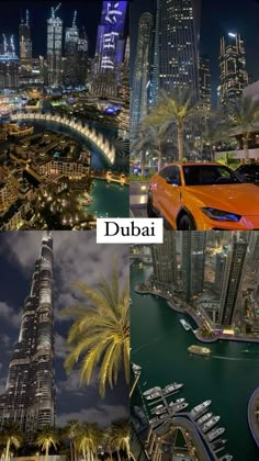 two pictures with the words dubai and an image of a city at night in front of them