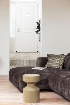 a living room filled with furniture and a white door