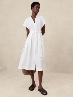 Poplin Tie-Waist Midi Dress | Banana Republic Factory White Short Sleeve Shirt Dress For Work, Casual Midi Length Short Sleeve Dress For Work, Casual Short Sleeve Midi Dress For Work, Elegant Short Sleeve Shirt Dress With Pockets, Collared Short Sleeve Dress For Summer Workwear, Short Sleeve Cotton Dress For Work, Short Sleeve Shirt Dress For Office, Short Sleeve Workwear Dresses With Pockets, Short Sleeve Dresses With Pockets For Work