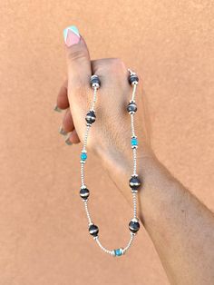 The newest Turquoise daily essential has arrivedddd! Beaded with a mix of tiny Sterling Silver beads, Navajo Pearls and genuine blue Turquoise. All the silver is 925 Sterling, of course ;) Length: 16'' chain Fine Necklace, Navajo Pearls, Daily Essentials, Sterling Silver Bead, Blue Turquoise, Turquoise Blue, Silver Beads, Turquoise, Beads