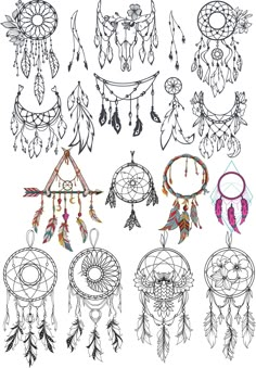 several different types of dream catchers on a white background, each with an individual's own drawing