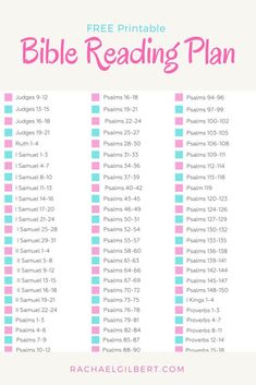 the free printable bible reading plan is shown in pink, blue and green colors