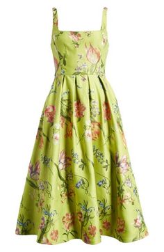 Enchanting floral embroidery romances this sleeveless square-neck dress designed with a flared and pleat-trimmed skirt. 47" length (size 8) Back zip closure Square neck Sleeveless Lined 100% polyester Dry clean Imported Elegant Floral Print A-line Sleeveless Dress, Spring A-line Sleeveless Dress With Lined Bodice, Sleeveless Floral Print Dress For Garden Party, Spring A-line Floral Cocktail Dress, Spring A-line Midi Dress With Lined Bodice, Spring Tea-length Midi Dress With Pleated Bodice, Spring Tea-length Dress With Pleated Bodice, Spring Midi Dress With Box Pleat And Fitted Bodice, A-line Garden Party Dress With Lined Bodice