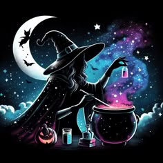 a witch with her caulder in front of a full moon and stars background