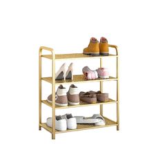 three tiered shoe rack with various pairs of shoes