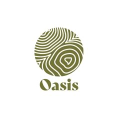 the oasis logo is shown in green and white, as well as an image of a tree trunk