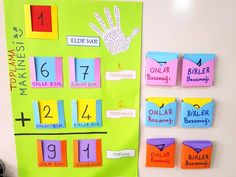 a bulletin board with numbers and handprints on it