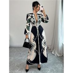 -Item Id 45705728 -Details: Cut Out, Zipper -Neckline: Round Neck -Sleeve Type: Bishop Sleeve -Style: Elegant -Type: A Line -Waist Line: High Waist -Hem Shaped: Flared -Color: Black -Pattern Type: Tribal, Chain Print, All Over Print, Textured Pattern -Sleeve Length: Long Sleeve -Fit Type: Regular Fit -Length: Long -Material: Woven Fabric -Composition: 97% Polyester, 3% Elastane -Care Instructions: Machine Wash Or Professional Dry Clean -Sheer: No -Fabric: Slight Stretch Cinched Waist Dress, Fall Maxi, Mode Casual, Long Dress Casual, Long Sleeve Jumpsuit, Long Shirt Dress, Plus Size Maxi Dresses, Women Maxi, Write To Me