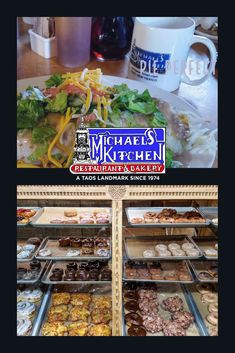 a display case filled with lots of different types of donuts and other food items