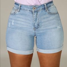 Women's High Waist Denim Shorts Women's Stretchy Denim Shorts Stretchy Fabric High Waistline Cuffed Hem Shorts Front Zipper Button Closure Destroyed Detail 98% Cotton 2% Spandex Hand Wash Cold Water Model Is Wearing Small Model Stats Height: 5.5" Bust:34" / Waist:27" / Hips:42" Denim Jean Shorts With Rolled Hem For Summer, Summer Denim Shorts With Rolled Hem, Trendy Mid-rise Shorts With Rolled Hem, Denim Shorts With Rolled Hem, Denim Rolled Hem Jean Shorts, Summer Medium Wash Jean Shorts With Rolled Hem, Casual High Waist Jean Shorts With Rolled Hem, Trendy Jean Shorts With Rolled Hem, High Rise Denim Jean Shorts With Rolled Hem