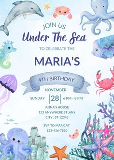 an under the sea birthday party with octopus, starfish and other marine animals on blue watercolor paper