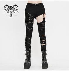 Shop for women's high quality material gothic ripped skinny pants with hollowed out design, decorative chains, patchwork and a high waist fit. enjoy free shipping within the us! Cool Trousers Outfit, Punk High Waist Ripped Bottoms, Punk Style Bottoms With Rivets For Night Out, High Waist Ripped Punk Bottoms, Rocker Bottoms With Rivets For Alternative Fashion, Edgy Ripped High-waist Bottoms, Edgy Fitted Pants With Rivets, Fitted Edgy Pants With Rivets, Edgy Ripped High Waist Bottoms