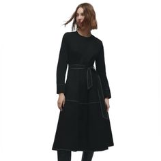 Zara X-Small Black The Ula Dress New With Tags 100% Cotton, Machine Washable Features: -Cotton Midi Dress -Pockets -Round Neck -Long Sleeves -Self Tied Belt -Contrasting White Stitching Measurements: Shoulder To Shoulder: 15" Ptp: 17" Sleeve Length: 23" Length: 47" (Approximate) Black Midi Dress For Workwear In Winter, Black Midi Dress For Winter Workwear, Black Midi Dress For Work In Winter, Black Midi Dress For Workwear In Fall, Black Midi Dress For Work In Fall, Zara Midi Dress For Winter Workwear, Black Belted Midi Dress, Zara Winter Midi Dress For Work, Zara Long Sleeve Midi Dress For Work