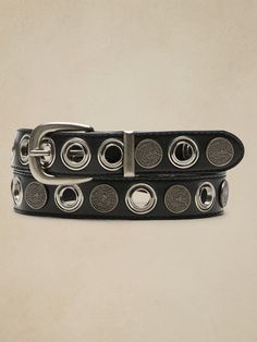 Practical luxury, this sturdy leather belt adds an extra dose of utilitarian texture with rows of shining rivets and stately coin-like accents.  Width: 1. 2" (3cm) Belts 2023, Soul Contract, Accessory Design, Women's Belts, Shop Accessories, Designer Belt, Belt Design, Casual Belt, Streetwear Men