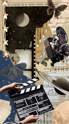 an artistic collage with various objects such as film, music and butterflies on it