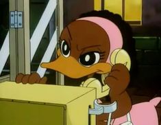 a cartoon duck with a pink headband on talking on the phone