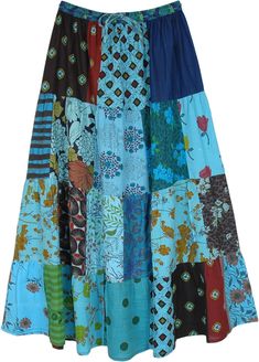 A mixed patchwork maxi skirt overdyed in blue color with various prints like abstract, solid, striped and floral on a soft cotton fabric.  The skirt feature a full maxi length, an elastic waist and a drawstring. #tlb #Patchwork #MaxiSkirt #Printed #bohemianfashion #PatchworkMaxiSkirt #BohemianSkirt #HippieSkirt Blue Patchwork Maxi Skirt For Spring, Blue Patchwork Maxi Skirt For Summer, Blue Long Patchwork Skirt, Blue Patchwork Long Skirt, Spring Hippie Patchwork Maxi Skirt, Blue Cotton Patchwork Skirt, Blue Cotton Hippie Skirt, Hippie Cotton Patchwork Maxi Skirt, Cotton Patchwork Maxi Skirt