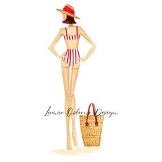 a watercolor painting of a woman in a bathing suit and straw hat with a handbag