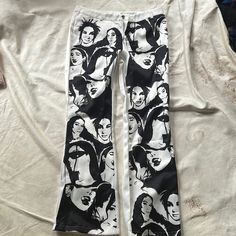 Shein Graphic Print Pants Black And White Pictures On Front Plain White On Back Size Medium Please Know Your Size On Shein Clothing Before Purchasing, Runs Small High Waist Cotton Pants With Graphic Print, White Stretch Printed Pants, White Wide Leg Pants With Graphic Print, Fitted White Graphic Print Pants, Fitted Cotton Bottoms With Graphic Print, Stretch Wide Leg Pants With Graphic Print, White Printed Wide Leg Pants, White Wide Leg Bottoms With Graphic Print, White Cotton Pants With Graphic Print