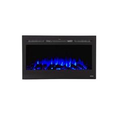 an electric fireplace with blue flames