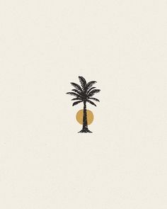 the silhouette of a palm tree against a white background with an orange sun behind it