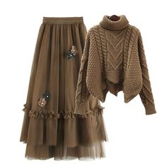 Brown Turtleneck Sweater Blossom Decor Tulle Skirt Set Elevate your style with our elegant Brown Turtleneck Sweater Blossom Decor Tulle Skirt Set. Made with high-quality materials, this set features a cozy brown turtleneck sweater and a stunning tulle skirt adorned with delicate blossom decorations. Perfect for any occasion, this set will add a touch of sophistication to your wardrobe. Size Info. M:for Weight Range (40-50 kg). for Height Range (155-165 cm) L:for Weight Range (50-60 kg). for Heig Thick Twist, Brown Turtleneck Sweater, Vintage Two Piece, Winter Knit Sweater, Tulle Midi Skirt, Elegant Sweater, Khaki Skirt, Mesh Skirt, Pullover Sweater Women