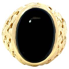 Ring Specifications: Metal: 14k Yellow Gold Total Weight: 11.8 Grams Onyx Measurements: 16.5 mm x 13.2 mm x 5.9 mm Onyx Carat Weight: ~9.18 carats Ring Size: 9 (resizable) Stamped: "585" "14K" Condition: Preowned Formal Black Oval Ring, Formal Black Oval Rings, Formal 14k Gold Oval Cabochon Dome Ring, Luxury Oval Signet Ring With Black Enamel, Classic Black Oval Cabochon Ring, Luxury Oval Black Enamel Signet Ring, Luxury Black Oval Rings, Black Cabochon Ring In 14k Gold, Luxury Oval Onyx Signet Ring