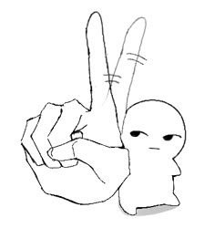 a hand making the peace sign with an alien holding up it's fingers in front of