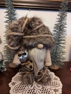 a stuffed animal wearing a fur hat on top of a table