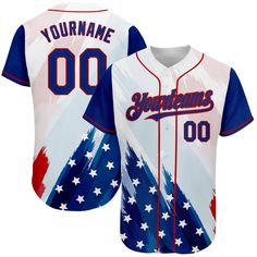 a baseball jersey with an american flag on the back and name in red, white, and blue