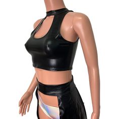 High-neck cutout crop top with sexy keyhole front. This top fits men or women for a unisex rave style. Made of 4-way stretch spandex. We can make this top in any of our 60+ fabrics if you request it in the personalization box! Please refer to the Women's size chart with your chest/bust measurement for sizing. High Stretch Crop Top For Club, High Stretch Cropped Top For Night Out, High Stretch Cropped Top For Club, Stretch Crop Top For Club, Trendy Stretch Crop Top For Concerts, Trendy Crop Top For Concert, Stretch Rave Crop Top For Night Out, Edgy Fitted Crop Top For Night Out, Stretch Cropped Top For Alternative Fashion