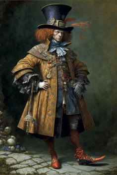 a painting of a man wearing a top hat and gold coat with red hair standing in front of a stone wall