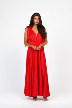 Solid Sleeveless Gala Dress, Solid Color Sleeveless Gala Dress, V-neck Bridesmaid Evening Dress With Pleated Bodice, Bridesmaid Evening Dress With Pleated Bodice And V-neck, Sleeveless Red Wedding Dress, Red V-neck Dress With Pleated Bodice, Red Chiffon V-neck Maxi Dress, Red Chiffon Evening Dress, Red A-line Chiffon Dress