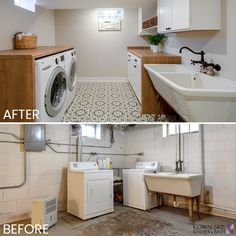 before and after pictures of a laundry room