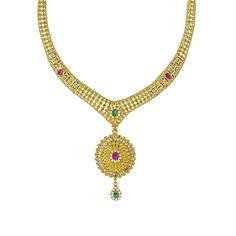 Enter into every room with statement pieces that speak before you do, such as this exquisite 22K yellow gold gemstone Necklace Set from Virani Jewelers. Features: • 22K Yellow Gold • Rubies, Emeralds & CZ Gems • Round Flower Pendants Virani Jewelers has always been committed to providing only the purest in 22K gold jewelry with beautiful and timeless jewelry pieces. This exquisite 22K yellow gold gemstone necklace set is no exception. This bold and beautiful necklace set is encrusted with precio Fine Jewelry Gold Bridal Necklace For Reception, Festive 22k Gold Jeweled Necklaces, Festive Jeweled 22k Gold Necklaces, 22k Gold Jeweled Necklace, 22k Gold Jeweled Necklaces For Festivals, Gold Fine Jewelry Necklace For Reception, Traditional Gold Emerald Necklace With Diamonds, Gold Necklace For Reception Fine Jewelry, Gold Emerald Necklace For Reception