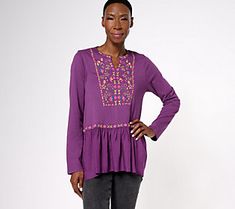 Embroidered details give this easy-breezy tunic a delightful boho-chic energy. Paired with your favorite denim and fresh sneaks, this standout style is oh-so-ready for your fall social calendar. From LOGO by Lori Goldstein®. Bohemian Tops For Casual Gatherings, Spring Bohemian Tops For Casual Gatherings, Bohemian Tops For Casual Gatherings In Spring, Bohemian Tops For Spring Casual Gatherings, Casual Tunic Tops For Fall, Floral Embroidered Tunic Top For Fall, Floral Embroidery Tunic Top For Fall, Embroidered Hippie Tops For Fall, Hippie Embroidered Tops For Fall