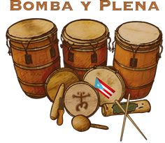 an image of some musical instruments with the words bomba y plena on it