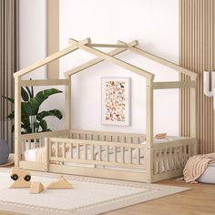 a baby's room with a bed, crib and potted plant on the floor