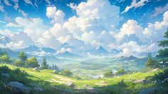 an anime landscape with mountains and clouds in the sky, as well as green grass