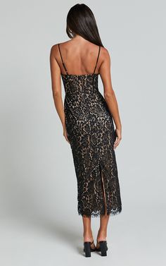 Formal Spaghetti Strap Dress With Contrast Lace, Glamorous Lace Dress With Spaghetti Straps, Delicate Lace Midi Dress For Formal Occasions, Chic Evening Dresses With Delicate Lace, Elegant Contrast Lace Dress For Date Night, Flirty Sweetheart Neckline Lace Dress For Party, Elegant Dresses With Contrast Lace For Date Night, Lace Party Dress With Sweetheart Neckline, Flirty Lace Party Dress With Sweetheart Neckline