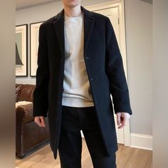 Size Small, I’m 5’9 And It Fits Me Perfectly! Never Worn, Without Tags Modern Black Wool Coat For Work, Modern Black Wool Coat For Business, Black Single Breasted Outerwear With Notch Lapel, Casual Black Wool Coat, Modern Black Wool Coat For Formal Occasions, Classic Black Wool Coat For Business Casual, Modern Tailored Black Wool Coat, Black Casual Wool Coat For Business, Tailored Black Wool Coat For Winter