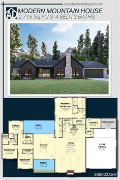 the modern mountain house plan is shown in this brochure, and it's floor