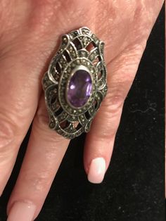 Vintage Stunning Silver Marcasite With Genuine Amethyst Center Stone Size 7 Ring Crystal Bangle, Amethyst Gem, Ny Fashion, Purple Band, Crafts Beautiful, Gold Plated Bracelets, Clear Crystal, Beautiful Bracelet, Class Ring