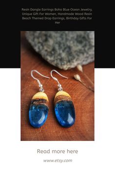 Each piece of my jewelry tells a different story. This pair of hand-carved wood resin earrings carry the calmness and stillness of a deep blue ocean! A great Gift for blue ocean Lovers who like to have a special piece of art that is not mass-produced and no one else has. ************************************ Details • Made To Order Earrings • Materials: High-Quality Walnut Wood And Resin. • Your Order Will Be Packaged In A Beautiful Box, Ideal For Gifts. • Each Of Handmade earrings Are Handmade Artisan Blue Earrings, Artisan Handmade Blue Earrings, Artisan Blue Drop Earrings, Handmade Blue Teardrop Jewelry, Blue Teardrop Resin Jewelry, Artisan Blue Jewelry For The Beach, Artisan Blue Jewelry For Beach, Handmade Blue Resin Earrings, Blue Resin Teardrop Earrings