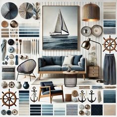 Interior Design Mood Boards for Different Styles New England Interior Design, Modern Nautical Decor, Nautical Interior Design, New England Interior, Materials Board Interior Design, Nautical Interior, Design Mood Board, Mood Board Template, Modern Nautical