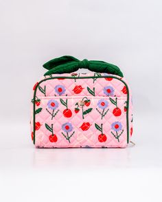 pink quilted toiletry bag with green bow handle and all over periwinkle flower, cherries, bow and lip print Quilted Pencil Pouch, Embroidered Toiletry Bag, Makeup Organization Bag, Ted Baker Makeup Bag, Birthday Gifts For A Friend, Makeup Bag Gift Ideas, Vintage Art Supplies, Pull Large, Mini Pouch Bag