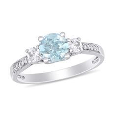 Honor your everlasting love with this gemstone and diamond engagement ring. Fashioned in cool 10K white gold, this irresistible design showcases a 6.0mm icy-blue aquamarine flanked by a duo of 3.0mm lab-created shimmering white sapphires. Glistening diamonds line the lightly tapered shank. Captivating with 1/20 ct. t.w. of diamonds and a brilliant buffed luster, this engagement ring is certain solidify your future together. Light Blue Rings Engagement, Blue Diamond Engagement Rings, Zales Engagement Rings, Three Stone Engagement Ring, Jared The Galleria Of Jewelry, Aquamarine Engagement Ring, Aquamarine Jewelry, Diamond Engagement Ring Set, Stone Engagement Ring