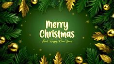 merry christmas and happy new year greeting card with golden decorations on green background, illustration