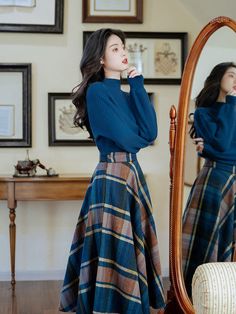 A navy high-neck sweater and brown plaid skirt have a retro feel. The knit fabric is thick and secure, and the fluffy sleeves are romantic. The skirt is made of luxurious fabric, and you will be captivated by the dancing silhouette.



 <What is included in your order>



 skirt

 sweater






 <Size>



 S size



 skirt



 Total length: 77cm

 Waist: 66cm




 sweater



 Length: 57cm

 Shoulder width: 55cm

 Bust: 82-120cm

 Waist: 70-96cm

 Sleeve length: 46cm







 M size



 skir Light Academia Skirt, Library Outfits, Plaid Skirt Set, Deer Doll, Retro Skirt, Academia Fashion, Plaid Outfits, Skirt Maxi, Modest Fashion Outfits